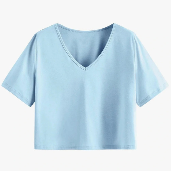 Amazon Tops - SweatyRocks Women's Casual V Neck Short Sleeve Solid Crop Top T-Shirt Light Blue